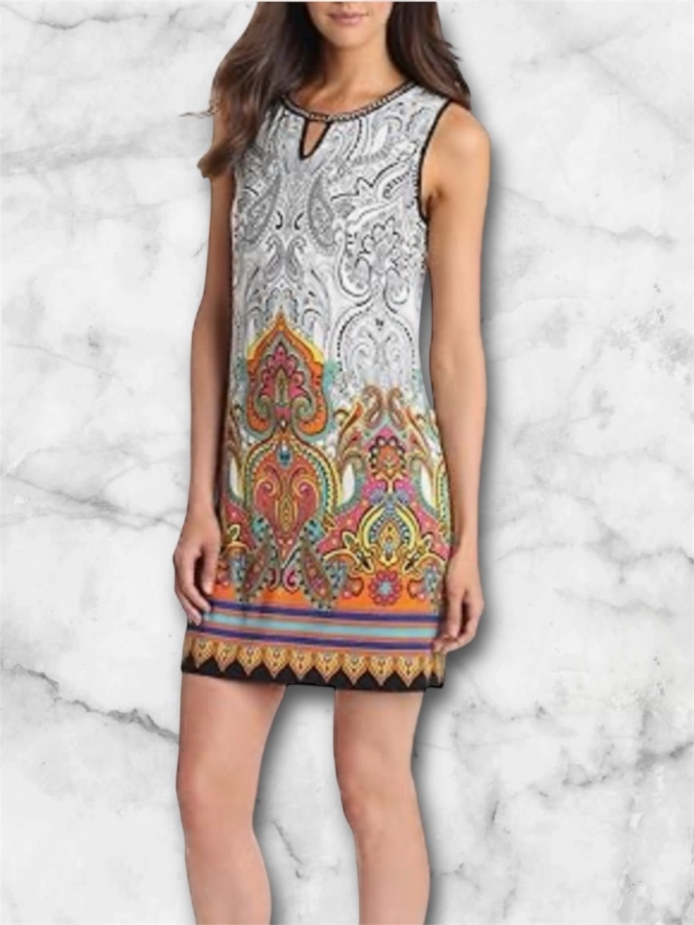 Sandra Darren Paisley Boho Gold Neck Chain Pullover Dress Colorful Size 10